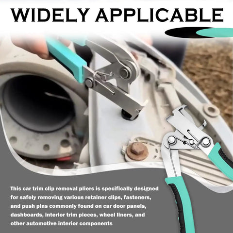 Close-up of No Fuss Car Clip Remover Pliers With Anti Slip Grip removing fasteners from car door panel.
