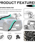 Product features of No Fuss Car Clip Remover Pliers With Anti Slip Grip showing stainless steel, anti-slip grip, and detailed close-ups.