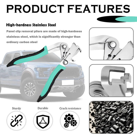 Product features of No Fuss Car Clip Remover Pliers With Anti Slip Grip showing stainless steel, anti-slip grip, and detailed close-ups.