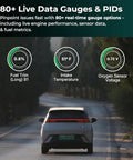 Rear view of a car on a road showing fuel trim, intake temperature, and oxygen sensor voltage with Bluetooth OBD2 Scanner For iPhone And Android Diagnostic Tool For Repairs And Car Buying Reads Over 39,000 Car Issues Check Engine Code Reader And Enhanced Codes Reset Codes Free App With Unlimited Scans And Free 14 Day Premium Bundle features.