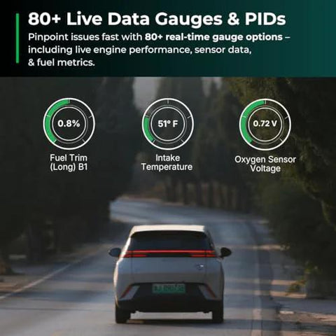 Rear view of a car on a road showing fuel trim, intake temperature, and oxygen sensor voltage with Bluetooth OBD2 Scanner For iPhone And Android Diagnostic Tool For Repairs And Car Buying Reads Over 39,000 Car Issues Check Engine Code Reader And Enhanced Codes Reset Codes Free App With Unlimited Scans And Free 14 Day Premium Bundle features.