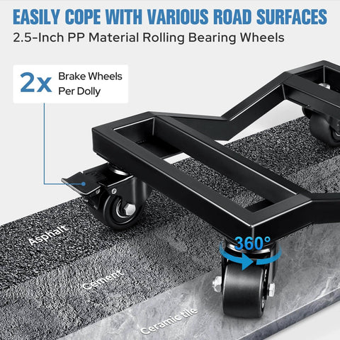 Car dolly set of 4 with heavy duty iron frame, 6000 lb total capacity wheel dollies shown on different road surfaces