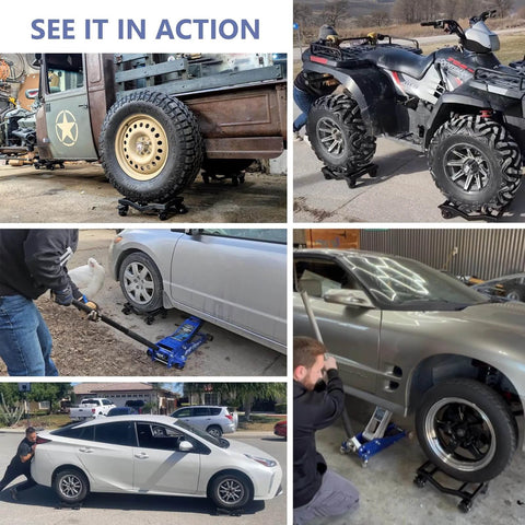 Car dolly set of 4 with heavy duty iron frame, 6000 lb total capacity wheel dollies, double V shaped recessed design for tire grip.