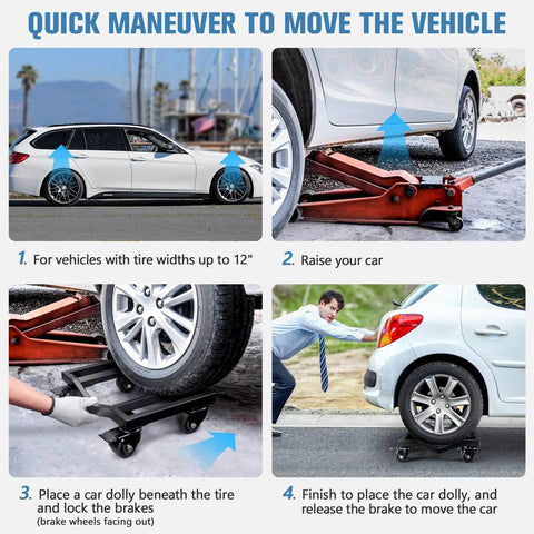 Car dolly set of 4 with heavy duty iron frame, 6000 lb capacity, shown maneuvering vehicle with step-by-step instructions in garage setting.