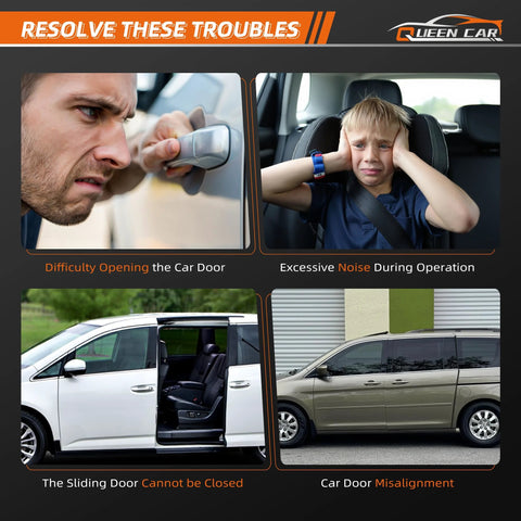 Car door issues including difficulty opening, excessive noise, sliding door won't close, and door misalignment shown in images.