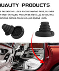 Four Piece Car Door Silicone Cushion Pads Shock Absorbers Kit For Soft Close And Door Slam Prevention Anti Collision Buffers For SUVs And Trucks Weather Resistant Airbag Safe Silencers Black, shown installed on a car door and close-up view of pads.