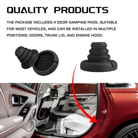 Four Piece Car Door Silicone Cushion Pads Shock Absorbers Kit For Soft Close And Door Slam Prevention Anti Collision Buffers For SUVs And Trucks Weather Resistant Airbag Safe Silencers Black, shown installed on a car door and close-up view of pads.