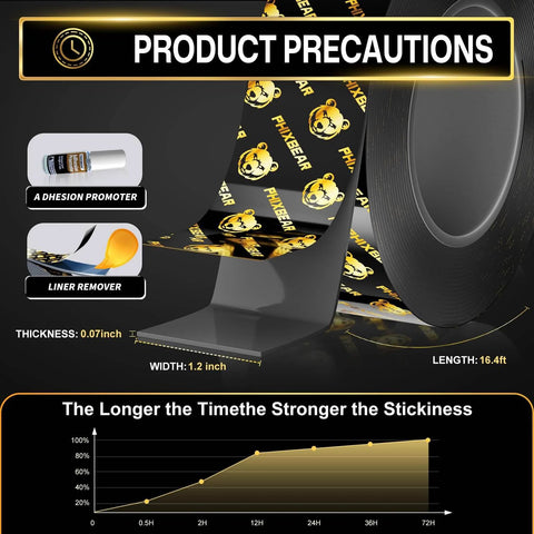 Heavy Duty Double Sided Tape For Cars Removable Traceless Nano Tape shown with thickness, width, and length dimensions