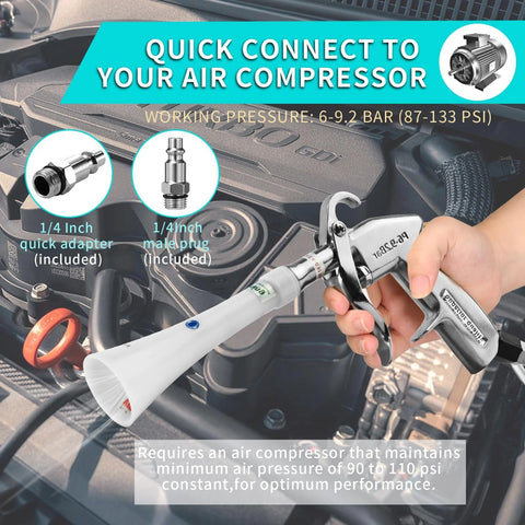 Powerful tornado dry cleaning gun blasts dirt and dust from car interiors with a brass adjustable air flow nozzle