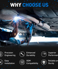 Mechanic welding under car with focus on vehicle maintenance benefits, including precision engineering and easy installation.