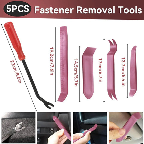 2080Pcs Car Retainer Clips And Fasteners Kit With 33 Universal Sizes Nylon Bumper And Fender Rivets Door Panel Clips Plastic Rivets 10 Cable Ties And Removal Tool For Toyota Ford Benz And More showing a set of five fastener removal tools with red and purple handles.