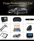 Car model with image grid showing car components like screen, wiper, headlights, and the Car Fuses Assortment Kit With 1200 Pcs Of Fuses.