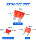 Product size comparison of Mega 306 Piece Car Fuse Kit With Mixed Vehicle Blade Fuses For Cars And Trucks, showing standard, mini, and low profile mini fuses.