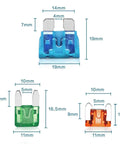 Diagram displaying different sizes of fuses from the Ultimate 282-Piece Car Fuse Kit With Blade Type, Standard, Mini And Low Profile Mini Fuses From 2A To 30A For Cars, RVs, Trucks, And Motorcycles Replacement Auto Electrical Gear Must-Have.