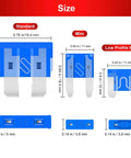 Size comparison of standard, mini, and low profile mini fuses from Do-It-All 306 Piece Car Boat Truck SUV Auto Blade Fuse Kit With Standard Mini And Low Profile Mini Fuses 2A To 35A Includes Fuse Puller And Circuit Tester In Durable Storage Case