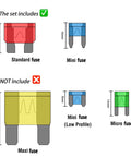 Diagram of Ultimate Car Fuse Kit With 120 Blade Type Auto Fuses showing included standard and mini fuses, not micro or maxi fuses