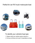Ultimate Car Fuse Kit With 120 Blade Type Auto Fuses in standard and mini sizes shown with vehicle types for car, RV, truck, motorcycle, boat.