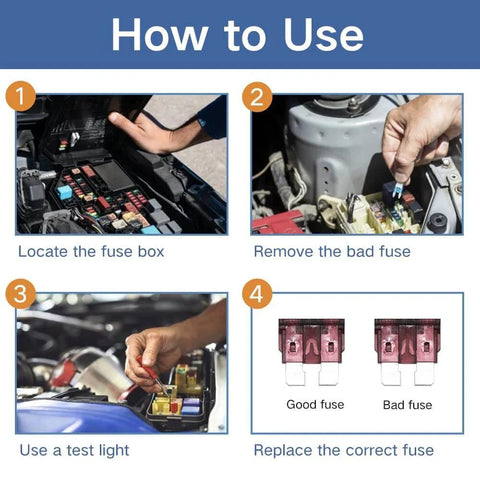 Instructions for using 80 Piece Car Fuse Kit With Common 1A 3A 5A 10A 15A 20A 30A 40A Blade Fuses For Car Truck RV Marine And Auto Accessories Easy Identification With Color Coded Transparent Cover And Durable Zinc Alloy Case.