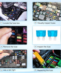 Instructional image showing steps using DIY Ready Car Fuses Kit 372 Piece Assortment With Standard Mini Low Profile Mini And Micro2 Blade Fuses