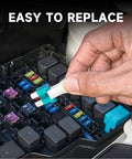 Hand using fuse puller with Mega 306 Piece Car Fuse Kit With Mixed Vehicle Blade Fuses For Cars And Trucks