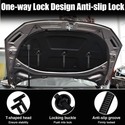 Universal Nylon Cable Tie Buckles With Wire Cutter 100 Pcs Self Locking Zip Tie Clips shown securing car hood