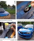 Installation process of Quick latch hood pins universal kit, showing steps on a blue car with push button quick release mechanism.