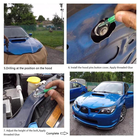 Installation process of Quick latch hood pins universal kit, showing steps on a blue car with push button quick release mechanism.