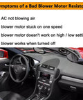 Symptoms of a bad blower motor resistor in car interior with list of issues affecting HVAC performance.