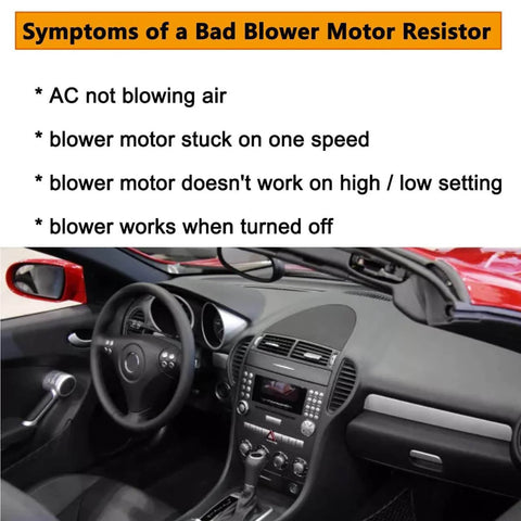 Symptoms of a bad blower motor resistor in car interior with list of issues affecting HVAC performance.