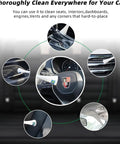 Powerful tornado dry cleaning gun blasts dirt and dust from car interiors shown cleaning various car interior parts