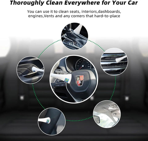 Powerful tornado dry cleaning gun blasts dirt and dust from car interiors shown cleaning various car interior parts