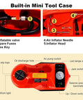 5 In 1 Electric Hydraulic Car Jack Kit With 12V Floor Jack Impact Wrench Tire Inflator Pump And LED Light For SUV And Sedan Tire Change Lifting Height 6 To 17.7 Inches Portable Hydraulic Car Jack showing built-in mini tool case and labeled parts