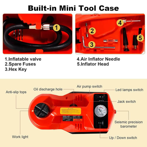 5 In 1 Electric Hydraulic Car Jack Kit With 12V Floor Jack Impact Wrench Tire Inflator Pump And LED Light For SUV And Sedan Tire Change Lifting Height 6 To 17.7 Inches Portable Hydraulic Car Jack showing built-in mini tool case and labeled parts