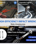 Powerful 5 Ton 12V Electric Car Jack Kit with Built In Inflator and Impact Wrench showing car battery and cigarette lighter options.