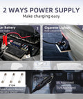 Portable 5 Ton 12V Electric Car Jack Kit power supply options: car battery and cigarette lighter. Shows power cords and fuses.