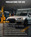 Car in garage with list of precautions for using hydraulic jacks, showing safety guidelines.