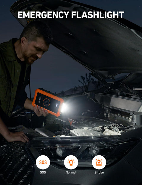 Man using S8 Air Jump Starter With Air Compressor, 3000A Peak Power For 9.0 Gas And 6.5L Diesel, Portable Battery Booster.