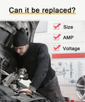 Mechanic checking car engine with focus on fuse replacement criteria; size, AMP, voltage visible