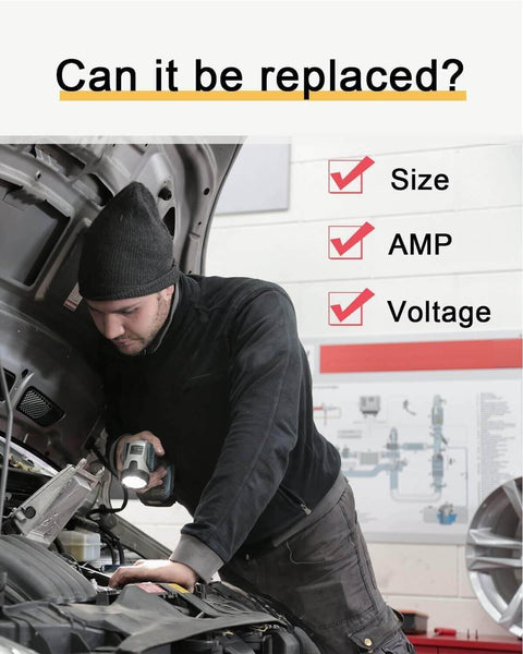 Mechanic checking car engine with focus on fuse replacement criteria; size, AMP, voltage visible
