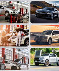 Collage showing a sedan and SUV parked outside, and cars in a garage, illustrating repair and maintenance in progress.