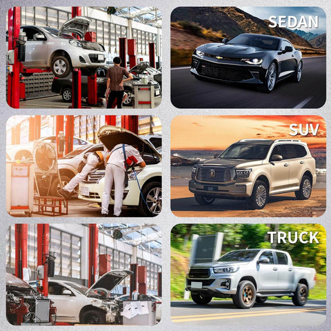Collage showing a sedan and SUV parked outside, and cars in a garage, illustrating repair and maintenance in progress.