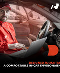 Technician with laptop testing HVAC systems in a car interior, highlighting maintenance for comfortable in-car environment.