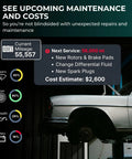 Car on lift with maintenance schedule showing mileage, repair details, and cost; part of Bluetooth OBD2 Scanner For iPhone And Android.