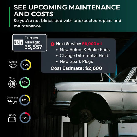 Car on lift with maintenance schedule showing mileage, repair details, and cost; part of Bluetooth OBD2 Scanner For iPhone And Android.