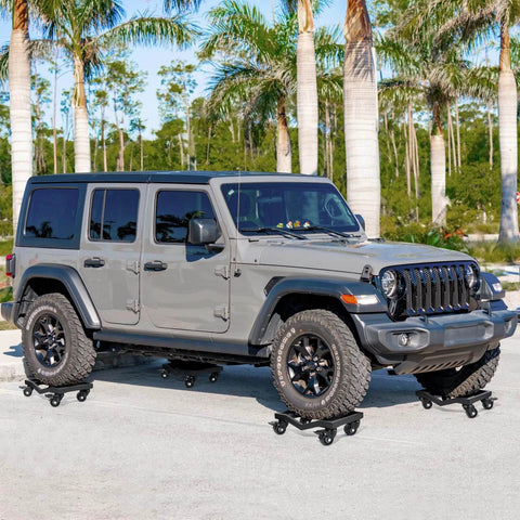 Car dolly set of 4 with heavy duty iron frame, 6000 lb total capacity wheel dollies under SUV, showing double V shaped tire grip