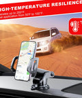 Suction cup phone holder on dashboard using Heavy Duty Double Sided Mounting Tape Kit With 20 Adhesive Pads, car driving in desert background.