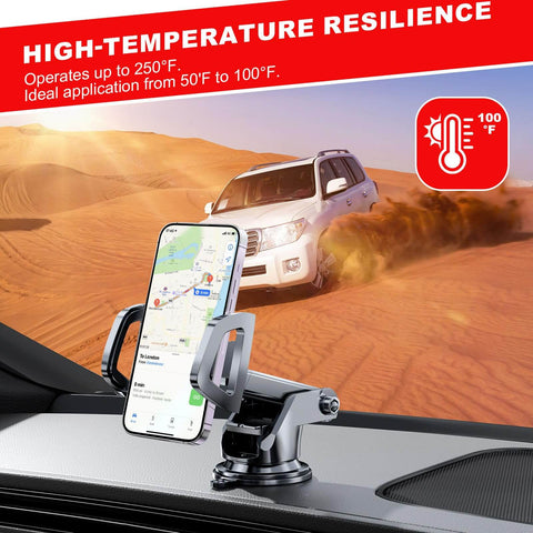 Suction cup phone holder on dashboard using Heavy Duty Double Sided Mounting Tape Kit With 20 Adhesive Pads, car driving in desert background.