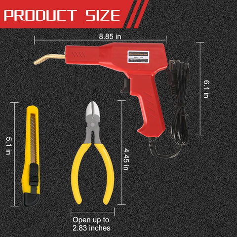 Front view of Portable Car Plastic Welder Kit With 200 Pieces And 4 Welding Heads Bumper Crack Repair Gun Set, showing dimensions and accessories.