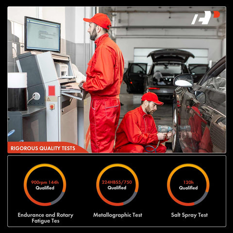 Two technicians in red uniforms performing quality tests on vehicles in a garage setting.