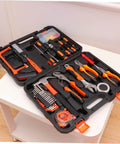 Open portable box showing Grab And Go Car Repair Tool Kit With Ratchet Wrench Set For Auto And Motorcycle Maintenance Multi Function Hand Tool Kit